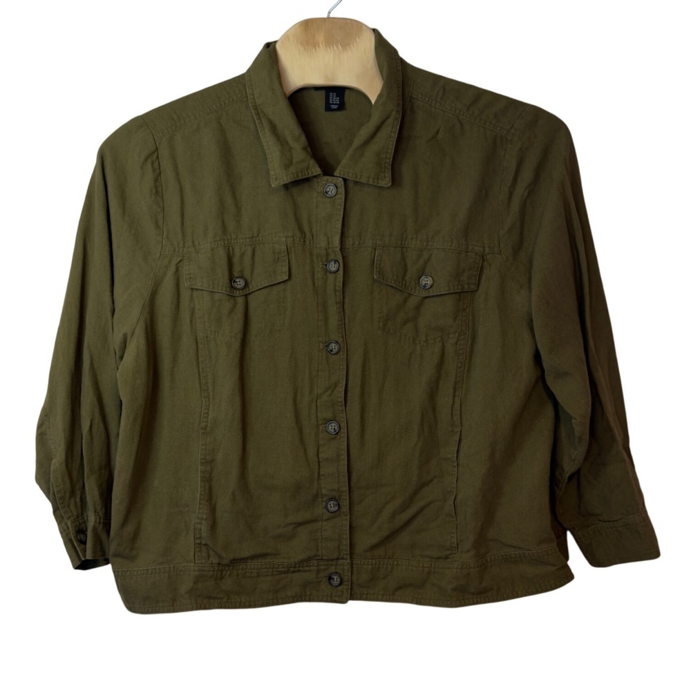 Tahari Linen Blend Green Utility Shirt Jacket Shacket Size 3X Casual Layering - Picture 1 of 8